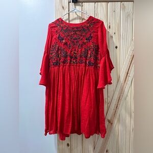 Umgee Bright Red Dress With Floral Embroidery
